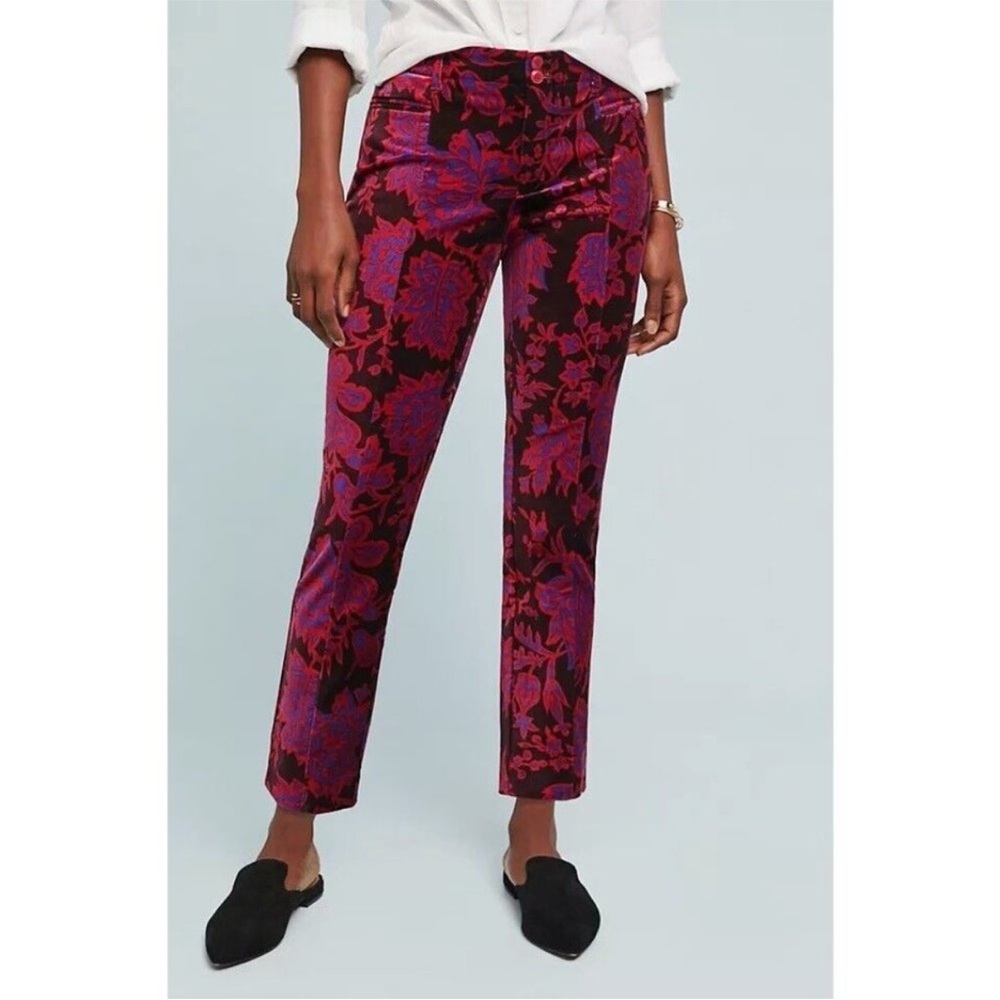 Anthropologie Red and Purple Floral Trousers